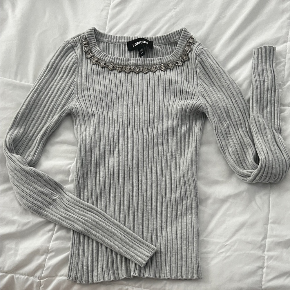 Express Light Gray Embellished Ribbed Sweater